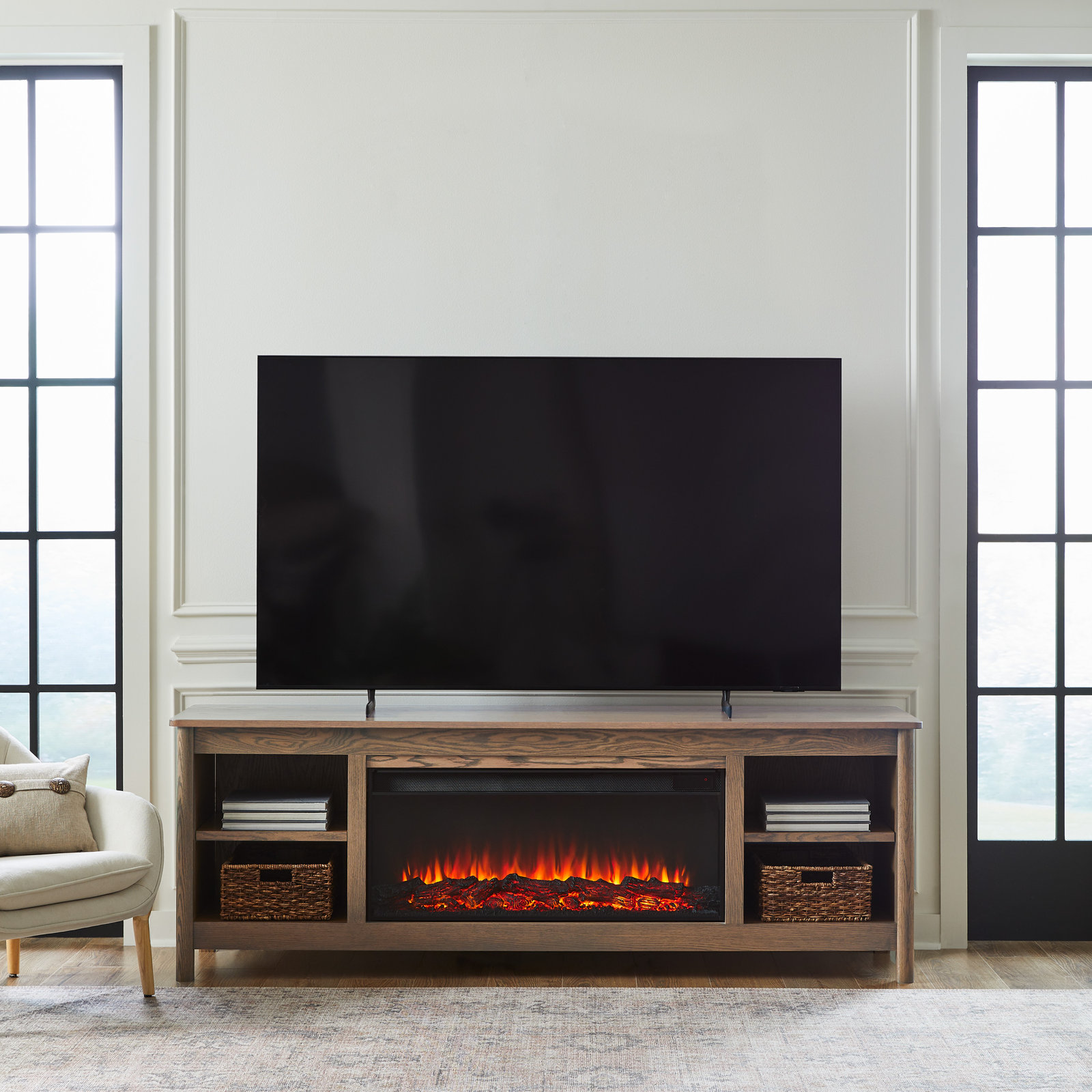 Bridgeway Electric Fireplace TV Stand, Antique Oak