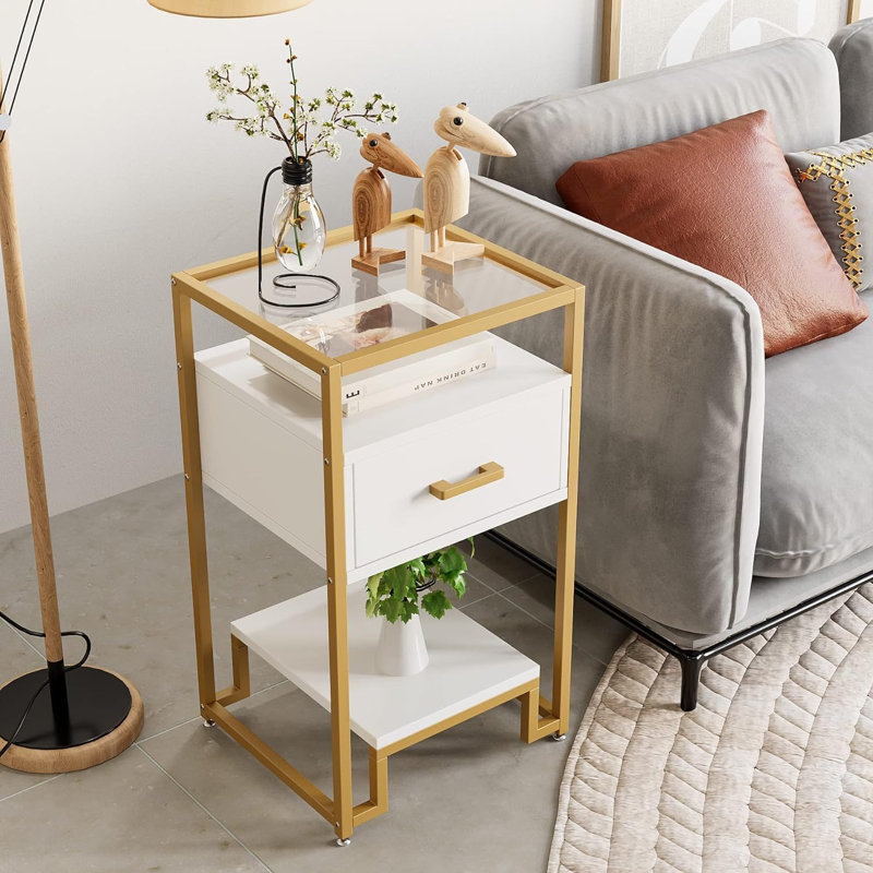 Table de bout avec tiroir de rangement et plateau de rangement en verre trempé à 3 niveaux, Doré / Blanc