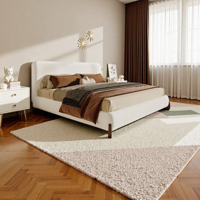 Elegant Terry Upholstered King Size Bed – White with Dark Brown Solid Wood Legs, No Box Spring Needed