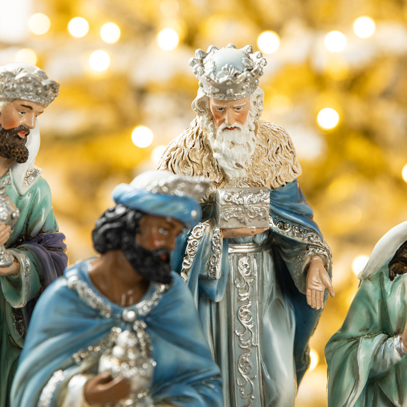 Ensemble de 12 figurines de crèche de luxe en résine bleue, H 10 po x l 26 po x P 4 po, Île Seymour Nord, Galapagos