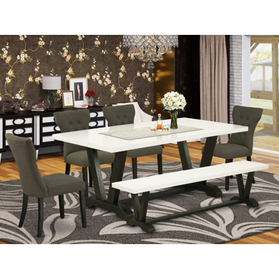 L'ensemble de table de salle à manger 6 pièces contient une table de cuisine rectangulaire avec pieds en V et 4 chaises Parson en tissu de lin Gotham foncé avec un banc, noir brossé