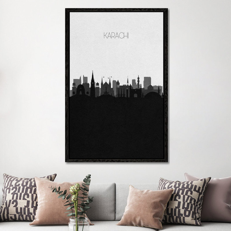 Karachi, Pakistan City Skyline by Ayse Deniz Akerman - Print on Canvas, 66.04 cm H x 45.72 cm W, Black Framed Canvas