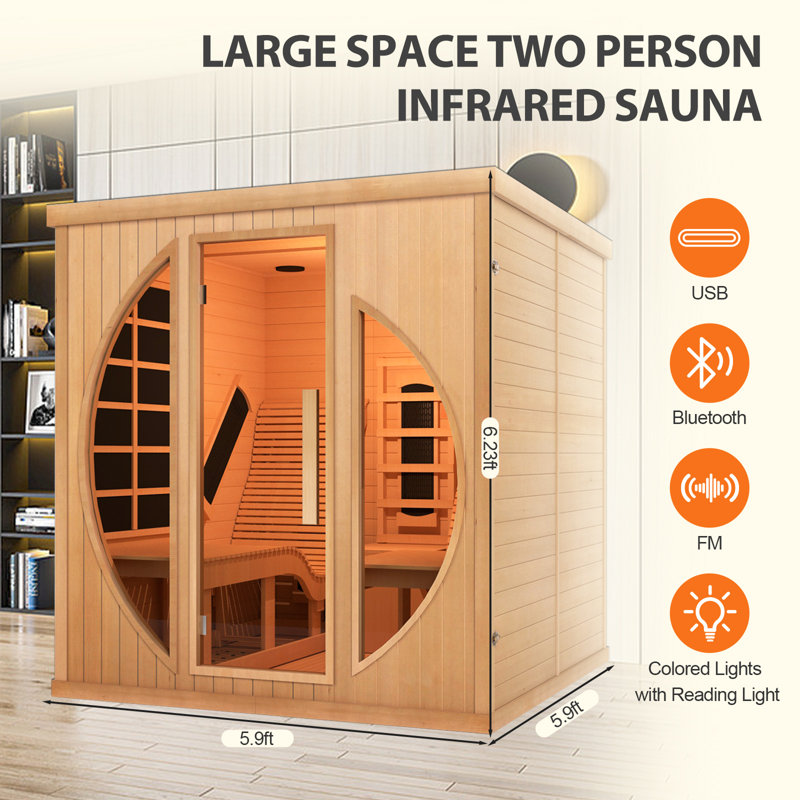Hylivesaunas Full Spectrum Infrared 2 Person Sauna Room, Red Light Therapy Luxury Wood Home Sauna with Recliner, Canadian Hemlock Indoor Dry Saunas Spa, 3400W with 10 Heaters, Speakers, Lights, Oxygen Bar