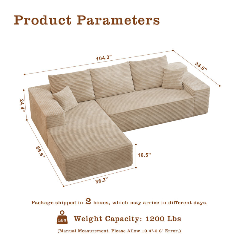 Boneless No Assembly Required Compression Packed 2 - Piece Corduroy Sofa, Beige Corduroy