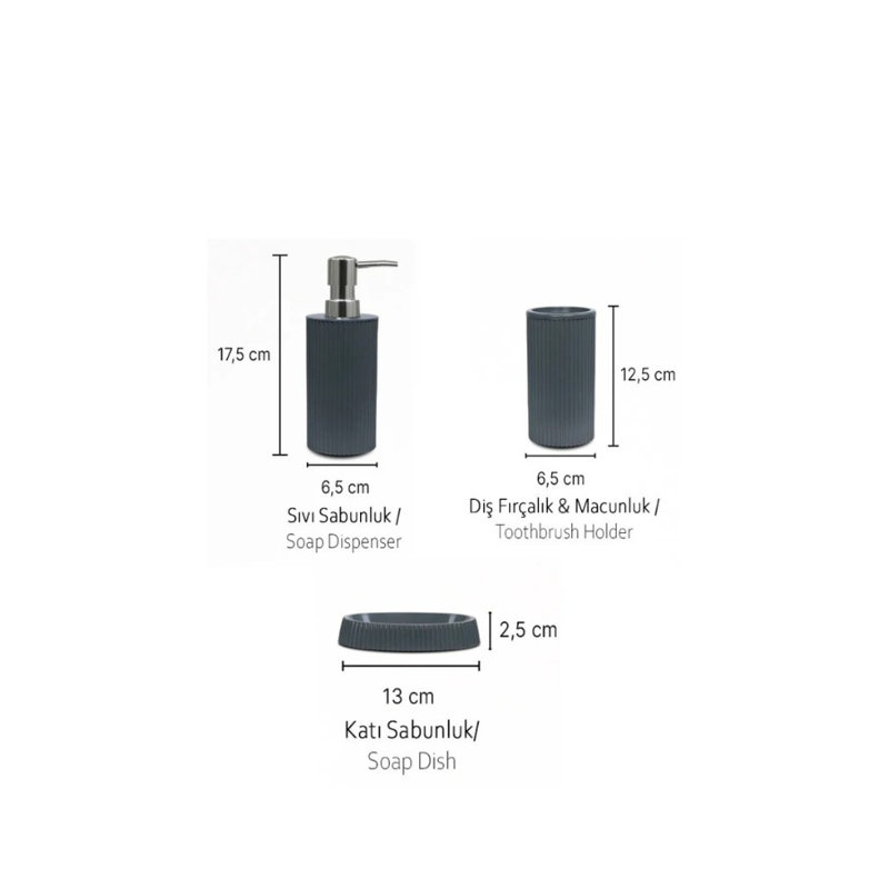 Stylish 3-Piece Bathroom Set, Anthracite Color | 100% Durable Plastic | Includes 6.9 x 2.6 x 3.9 in, 4.9 x 2.6 x 3.9 in, and 1.0 x 5.1 in | Dishwasher Safe, Perfect for Modern Bathrooms & Organizing Essentials