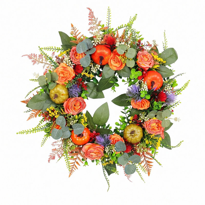 Couronne artificielle 19,7 pouces avec roses oranges, mini citrouilles, eucalyptus et chardon, décoration de la porte de l'Action de grâce
