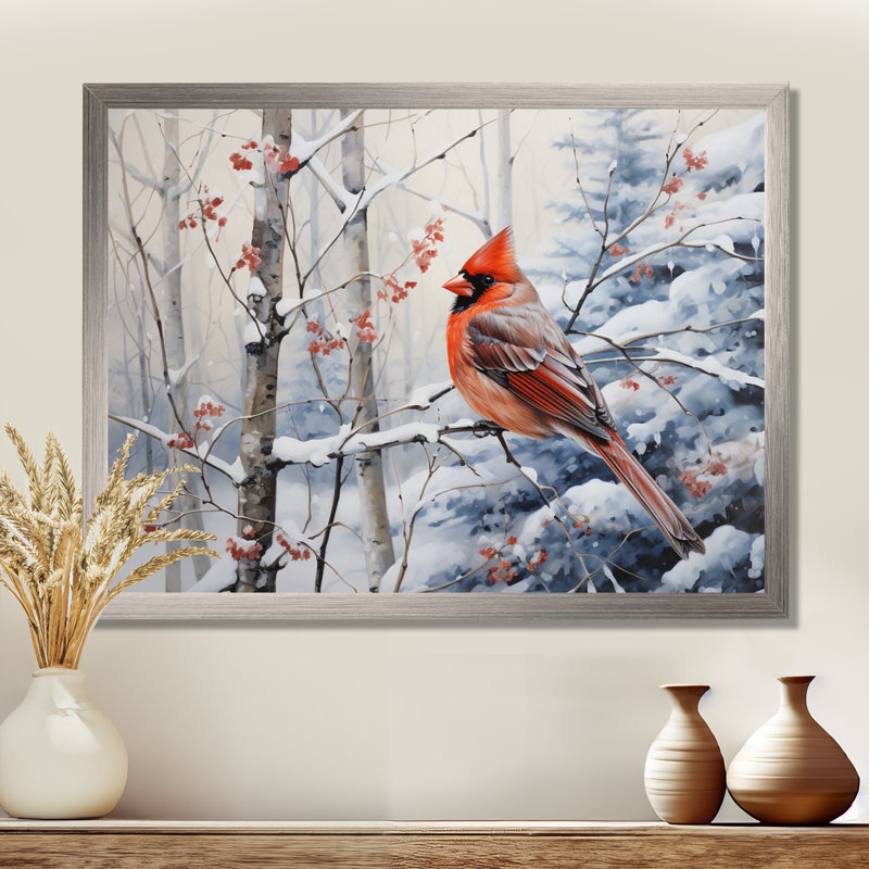 Canada, cardinal rouge, Winter Wonderland I, reproduction d'art sur toile, H 34 po x l 44 po x P 1,5 po, Cadre simple argenté