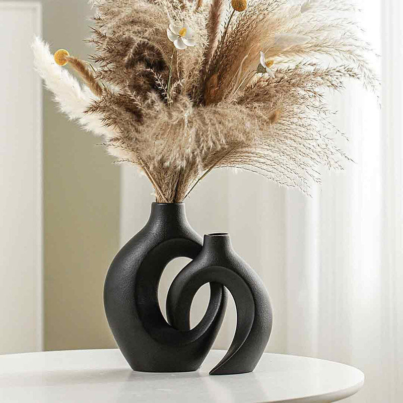 Matte Black Ceramic Decorative Vase Set with Curved Design