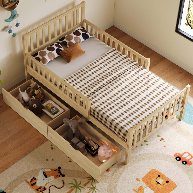 Lit plateforme simple en bois naturel avec garde-corps double et 2 tiroirs de rangement, Lit simple, Naturel