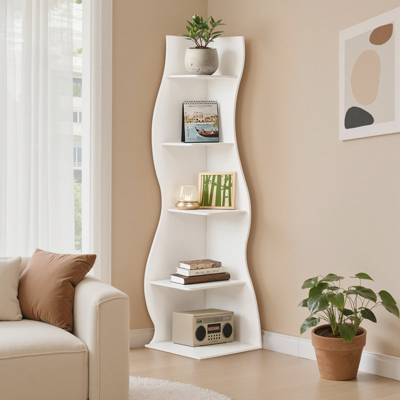 5 Tier Corner Bookshelf, Tall Corner Shelf Stand, Wooden Corner Storage Organizer, Open Display Rack, Plant Stand, Small Space Furniture for Living Room Bedroom Office