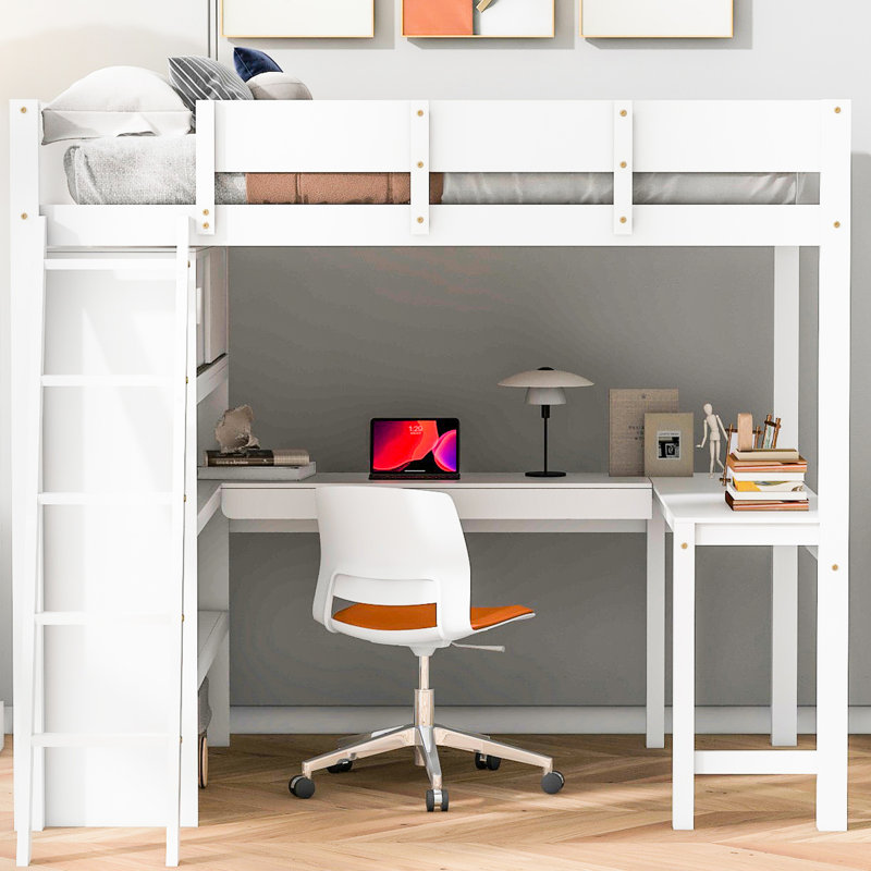 Lit mezzanine double blanc avec bureau et tablette. Améliorez le rangement dans la chambre à coucher. Fabrication en pin massif. Stable et sécuritaire. Convient aux petites chambres. 78 po x 57,6 po, 70,9 po. Matelas non inclus - blanc.