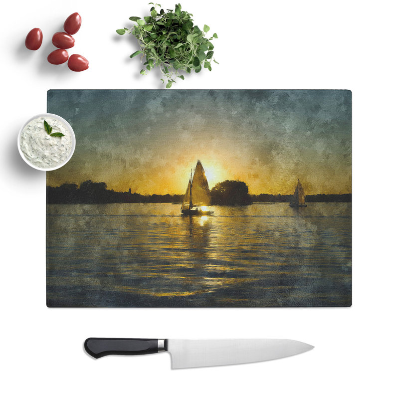 Sailboats on the Lake Painting Chopping Board, 0.4cm H x 20cm W x 28.5cm L