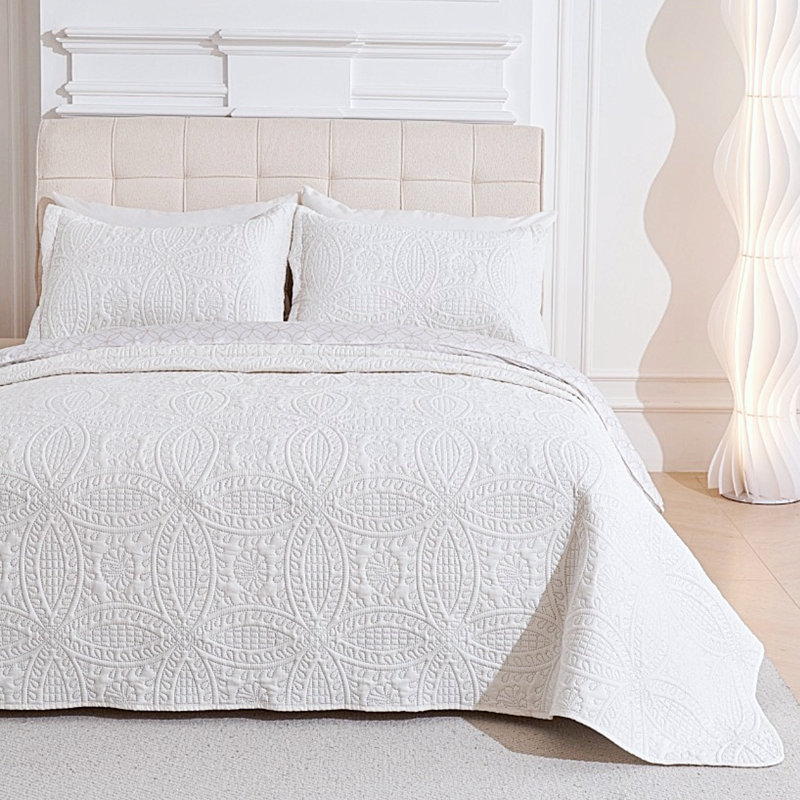 Ensemble de couvre-lit 3 pièces à motif floral réversible, Blanc, Couvre-lit de grande taille et 2 taies décorative