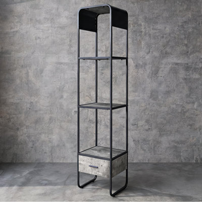 Étagère latérale de taille compacte, conception centrée sur le rangement, fabrication en bois et en métal en gris doux et noir