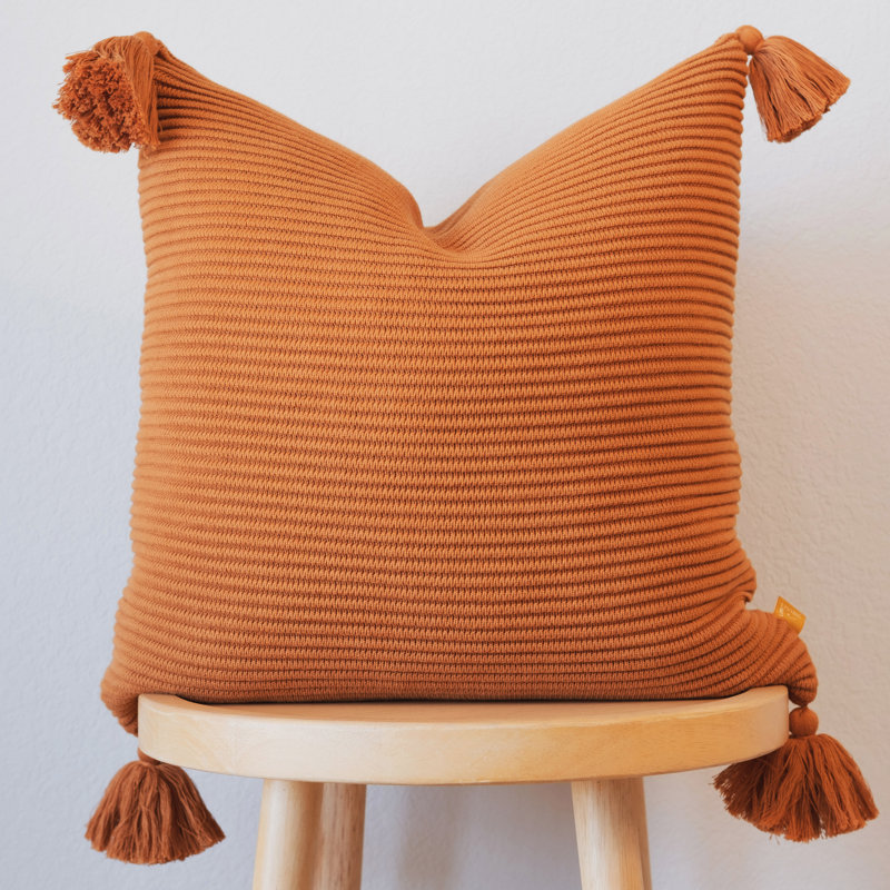 Taie d'oreiller tricotée avec frange 100% coton Housse de coussin carré, 20 po x 20 po, Orange brûlé