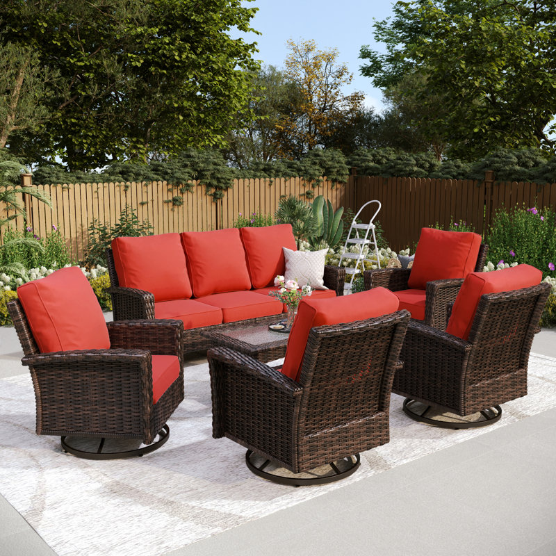 Nadilee Premium All-Weather Wicker 7 - Person Patio Conversation Set with Cushions, Red