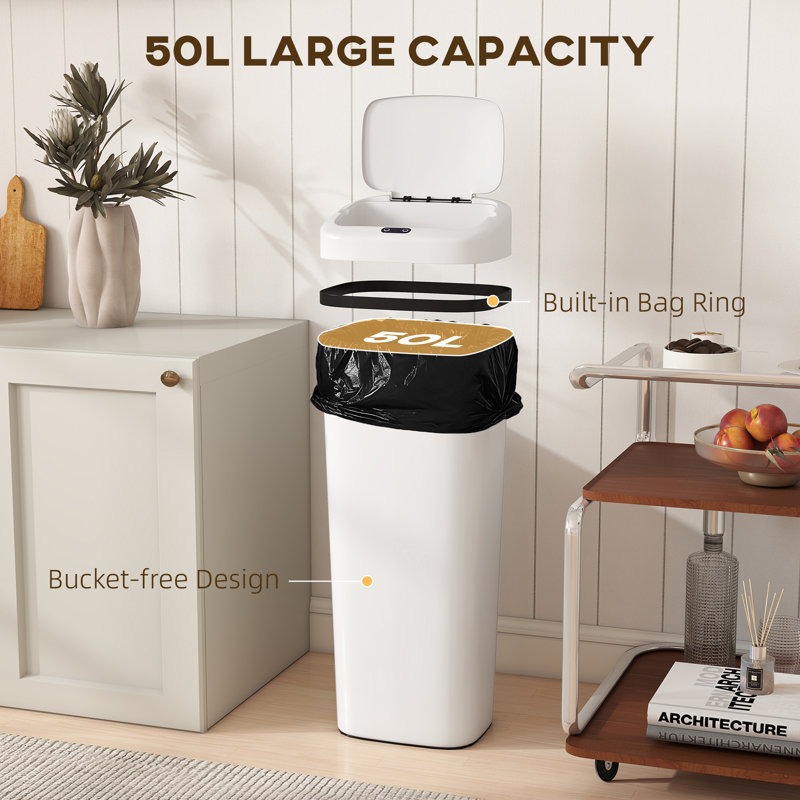 Stainless Steel, Plastic Motion Sensor, Touch Top Kitchen Trash Can - 50L, White