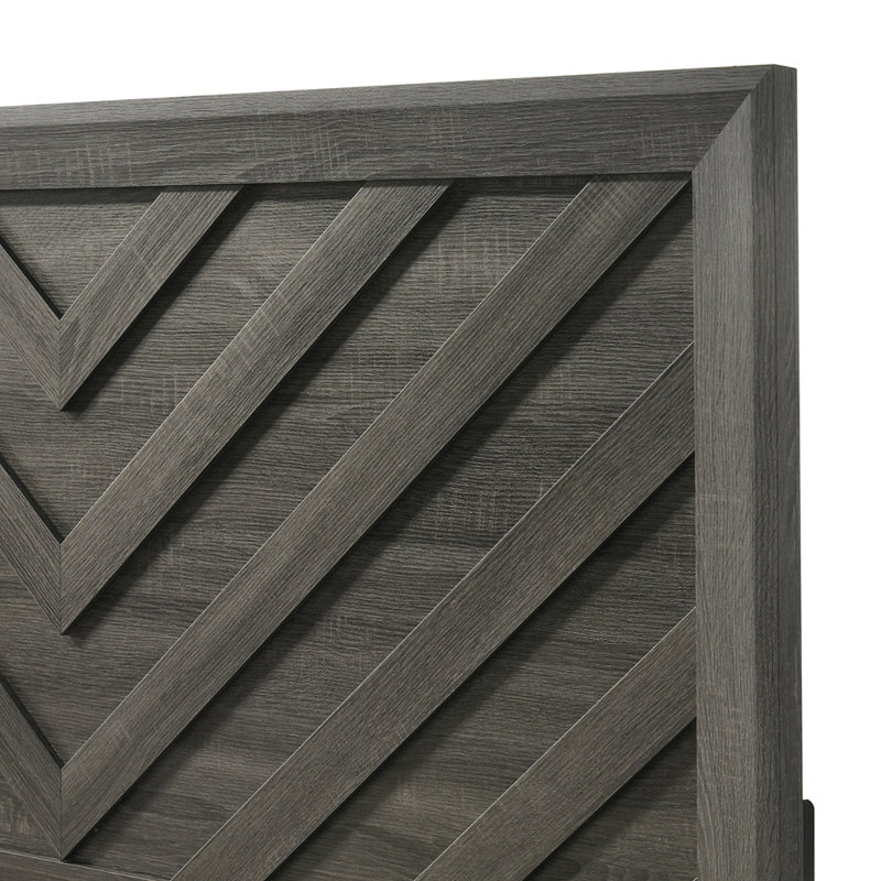 Mobilier de chambre à coucher grand lit en bois à motif géométrique à chevrons gris rustique, Grand