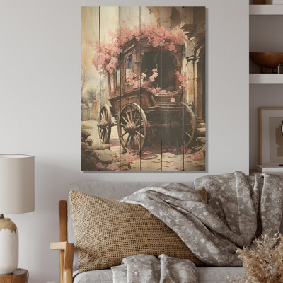 Voyage romantique en chariot de mariage - Vieille charrette américaine, art sur bois de pin naturel