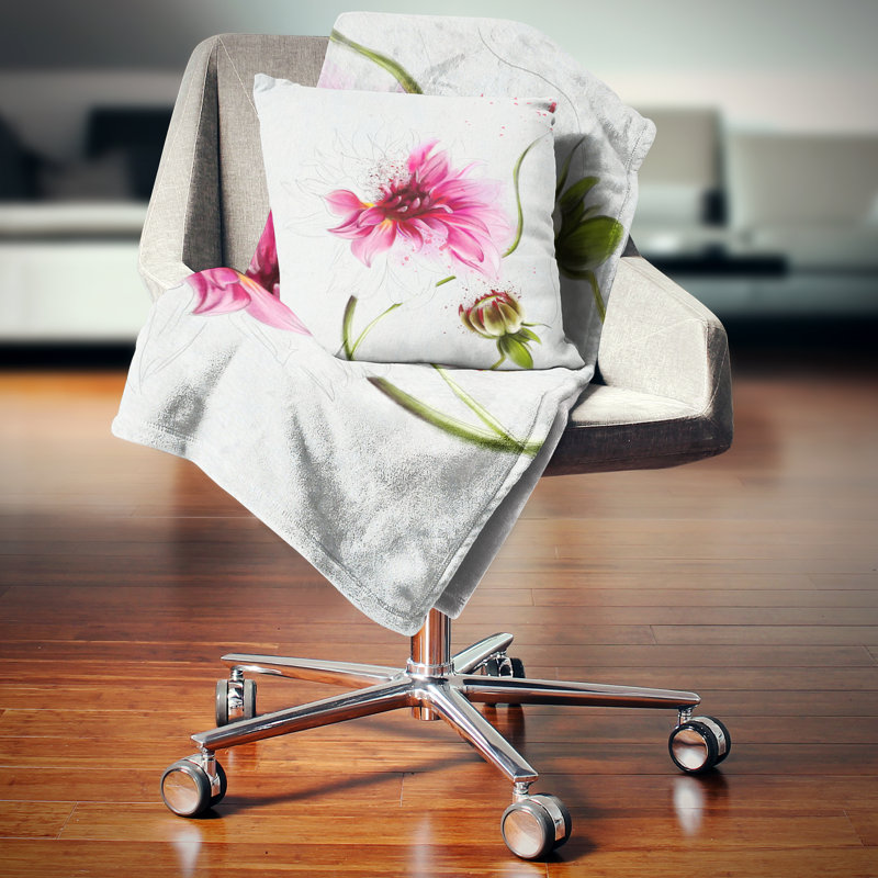 Fleur rose avec tige et bourgeon - coussin à imprimé floral, 16 po x 1 po, Coussin décoratif