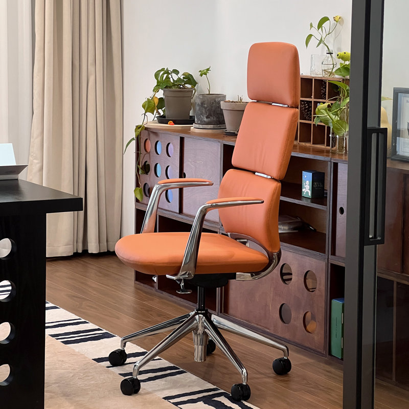 Fauteuil de direction en cuir Executive, fauteuil de direction en cuir véritable à haut dossier avec appui-tête, inclinaison et hauteur réglables, fauteuil pivotant ergonomique sur roulettes (orange)