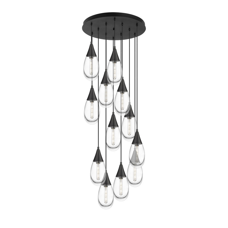 Luminaire suspendu en grappe à 12 lumières, Transparent, Noir mat