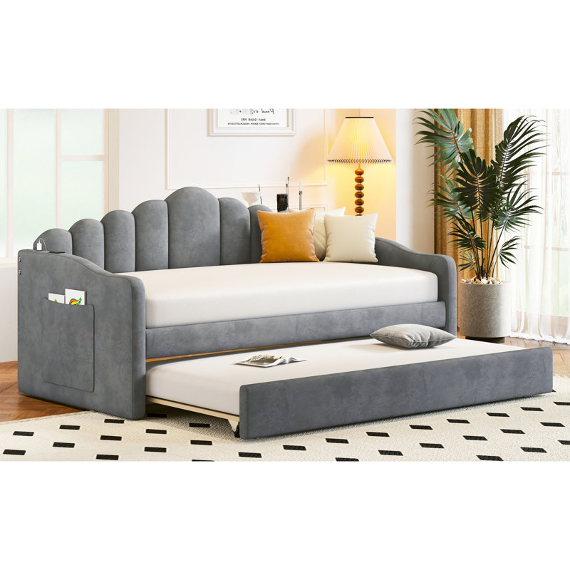 Lit de jour simple en velours avec couchette et prise de charge, housse de lit en tissu recouverte de tissu gris, Gris