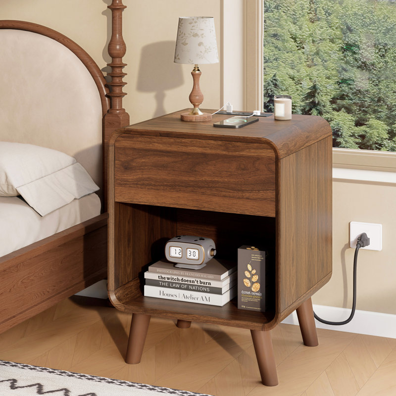 Angela Night Stand Set of 2 with Charging Station, Walnut Round Corner Nightstand, Bedside Table with Drawer, 15.7"D x 17.7"W x 23.6"H