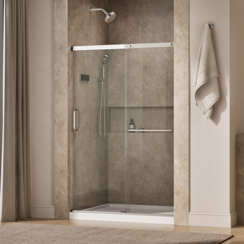 Elate Sliding Shower Door, 70-1/2-In H X 44-1/4 - 47-5/8-In W, With 1/4-In Thick Frosted Glass, Silver/Clear