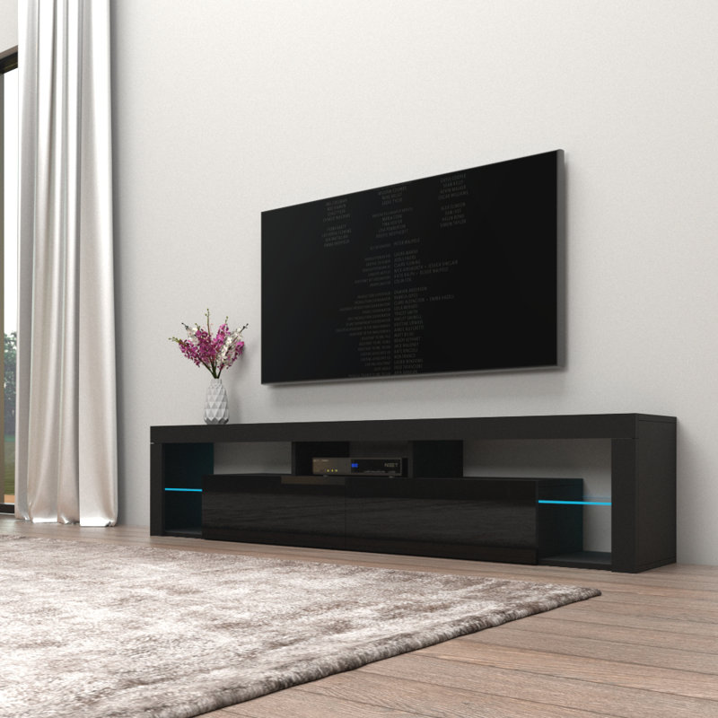 Hugo Modern TV Stand for TVs up to 90" with 16-Color LED Lighting, Glass Shelves, Wall-Mounted, Black