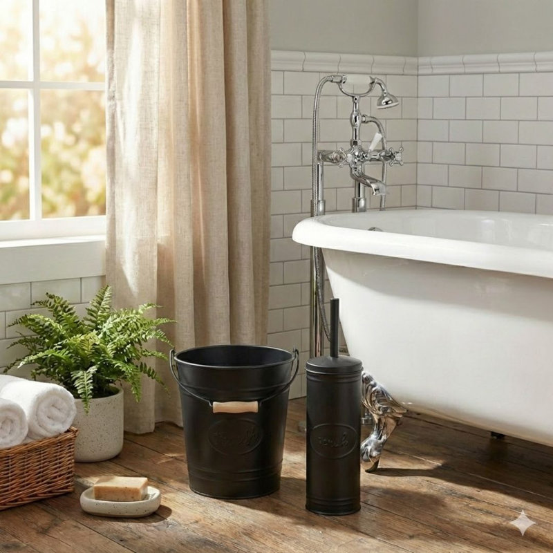 Jeromy Farmhouse Bathroom Accessory Set- Trash can, toilet brush, Matte Black