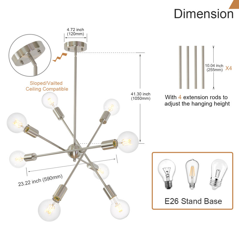 Lustre spoutnik 8 lumières avec bras réglables, Nickel brossé