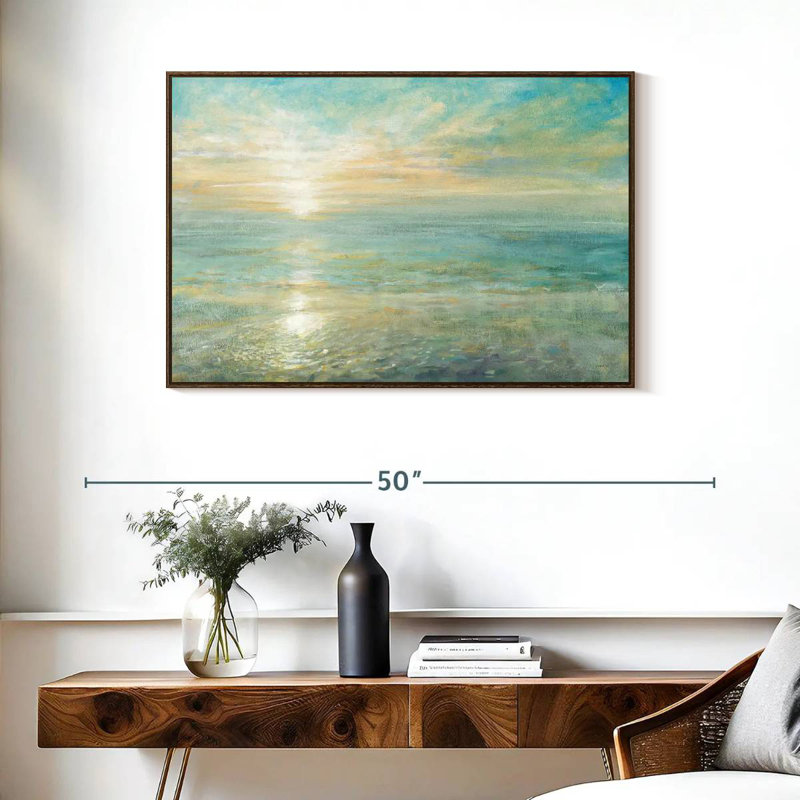 Lever de soleil, 37 po x 25 po, Cadre flottant noyer