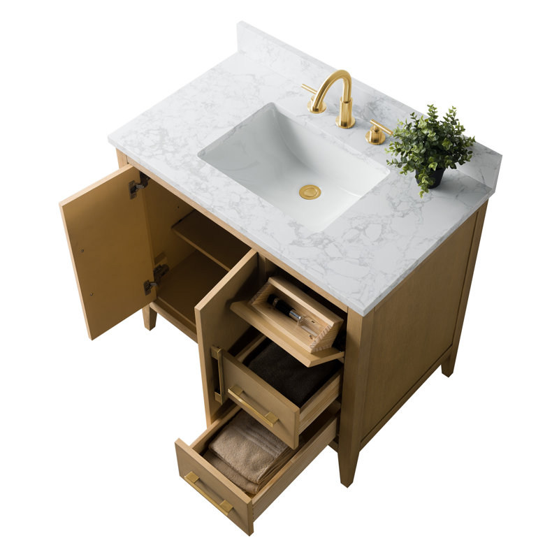 36" Single Bathroom Vanity Set, Natural Oak, Brushed Gold