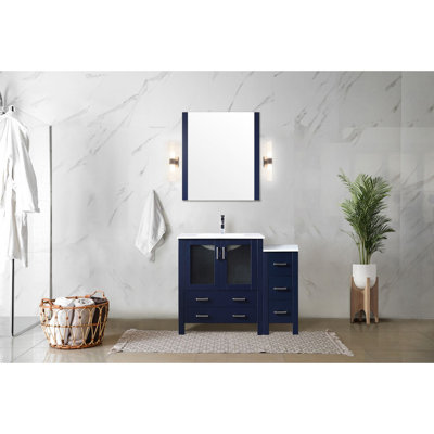Navy Blue Single Bath Vanity 42 In. W, Side Cabinet, White Ceramic Top, Stainless Steel Faucet, Soft - Closing Function, 5 Drawers & 1 Interior Cabinet Wide For Bathroom With Surface, Faucet ,