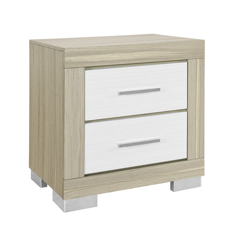 Table de chevet carrée naturelle et blanche à deux tiroirs pour la chambre à coucher, avec joints, style barre de poignée, pieds de style blocs de tiroir spacieux, carré en bois massif et bois d'hévéa, blanc, table de chevet, finition tonique,