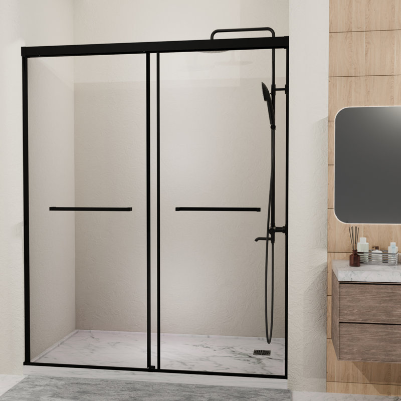 60 In. W 72 H Double Sliding Shower Door, 1/4 Tempered Glass, Semi - , Matte Black, Splash , Leak Reversible Black Wide High, Reversible,