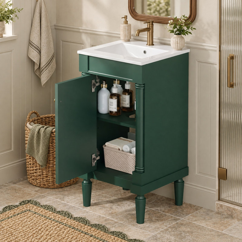 Meuble-lavabo autoportant de 18 po avec comptoir en céramique et tablette réglable, Vert