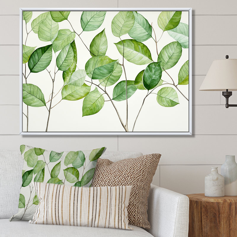 «Green Leaves Scenery Minimalisme III», reproduction sur toile, Cadre flottant blanc, H 30 po x l 40 po