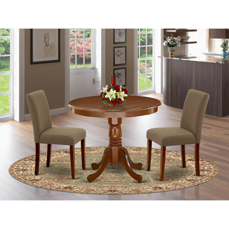 3 Piece Modern Dining Table Set Contains a Round Kitchen Table with Pedestal and 2 Coffee Linen Fabric Parson Dining Chairs, Mahogany