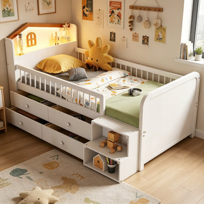 Kids Platform Bed with Storage Drawers and Guardrails & LED Light, Solid Pine Wood Bed Frame with House Headboard and Guardrails, White, Twin Size
