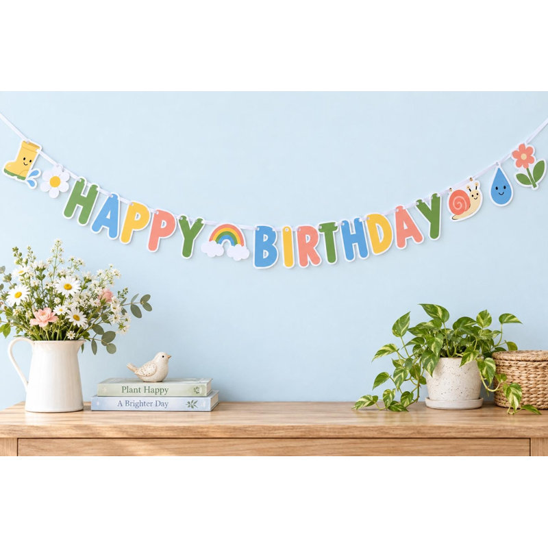 Bannière d'anniversaire jardin après la pluie