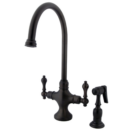 Classic Double Handle Single Hole Kitchen Faucet with Metal Lever Handles and Brass Side Spray, Oil Rubbed Bronze