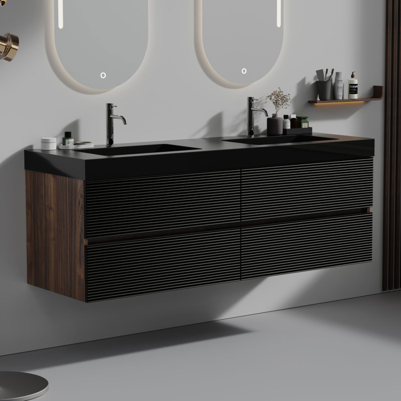 Meuble-lavabo mural avec plateau noir mat et 4 tiroirs, Noir mat, Noyer foncé, 60"