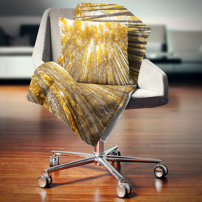 Coussin d'automne imprimé forêt d'automne en bambou - jaune, 16 po x 1 po, Coussin décoratif