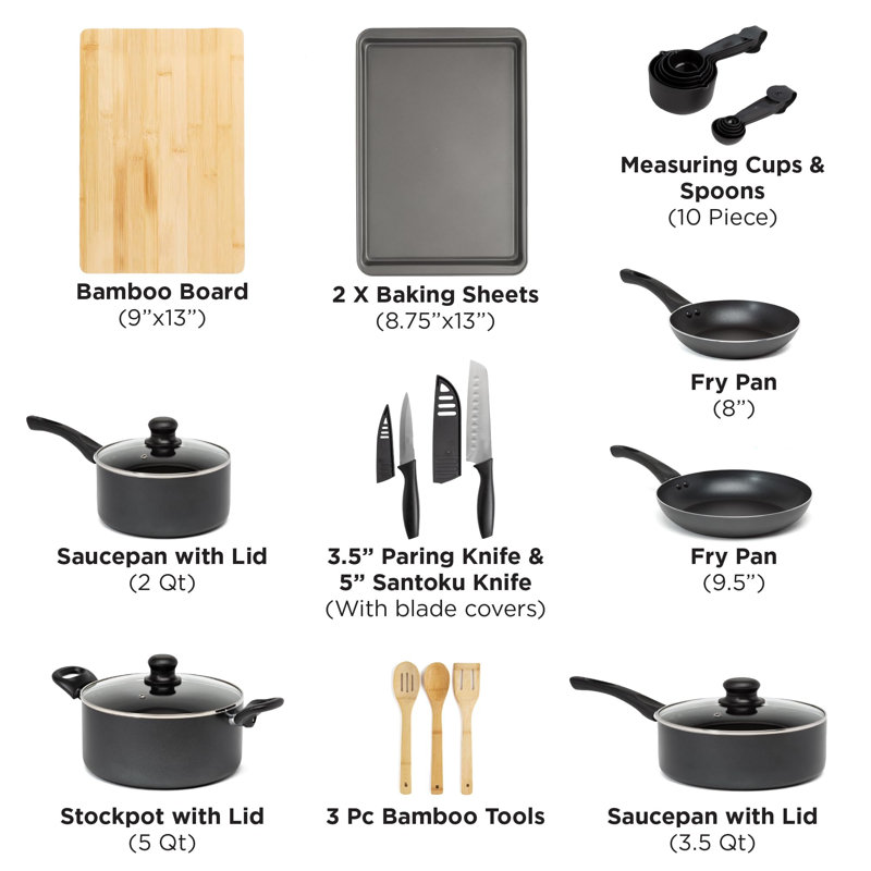 26-Piece Black Aluminum Nonstick Cookware Set with Comfort Grip Handles