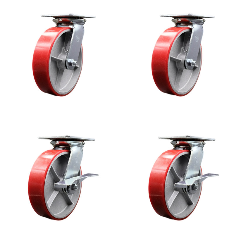 8 Inch Poly on Cast Iron Swivel Caster Set with Roller Bearings 2 Brakes, Vert