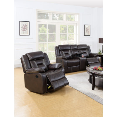 Salon moderne 2 pièces avec fauteuil inclinable et inclinable, porte-gobelet, accoudoirs coussinés en similicuir brun foncé contemporain, capitonnage horizontal, finition du coussin