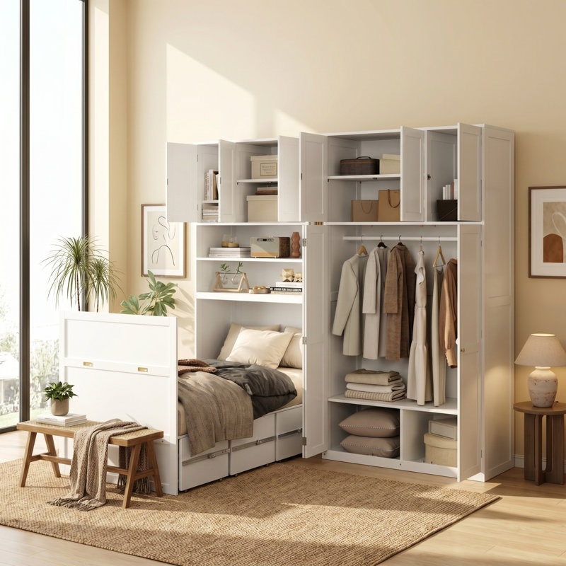 Lit simple escamotable avec garde-robe, tablettes à DEL et rangement supérieur, White