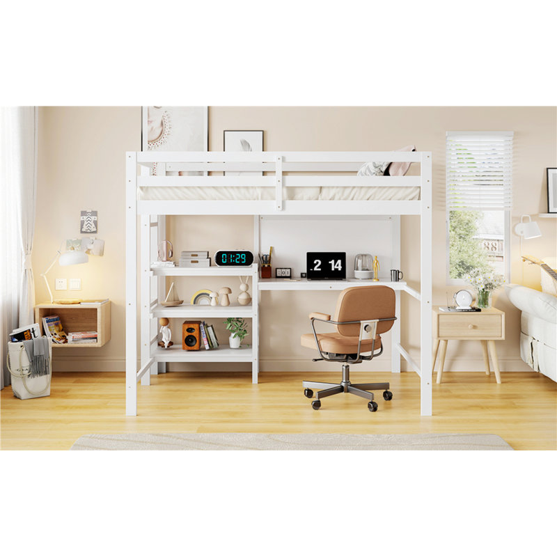 Lit mezzanine en bois avec tablettes, bureau et tableau d'écriture, Blanc